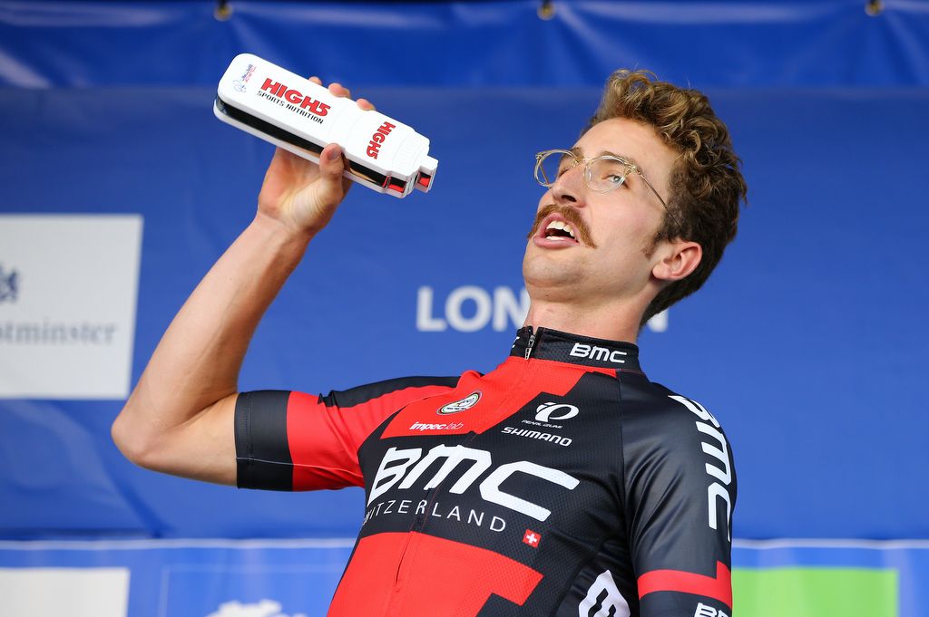 Taylor Phinney (BMC) jokes around on the podium