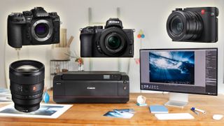 Weekly Wash – composite image showing the Canon ImagePrograf Pro-1100 printer, Nikon Z50, Leica Q3, OM System OM-1 Mark II and Sony GM 85mm f/1.4 II