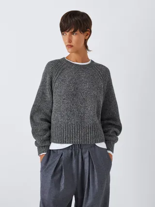 John Lewis Wool Blend Crew Neck Crop Shepherd Jumper, Charcoal