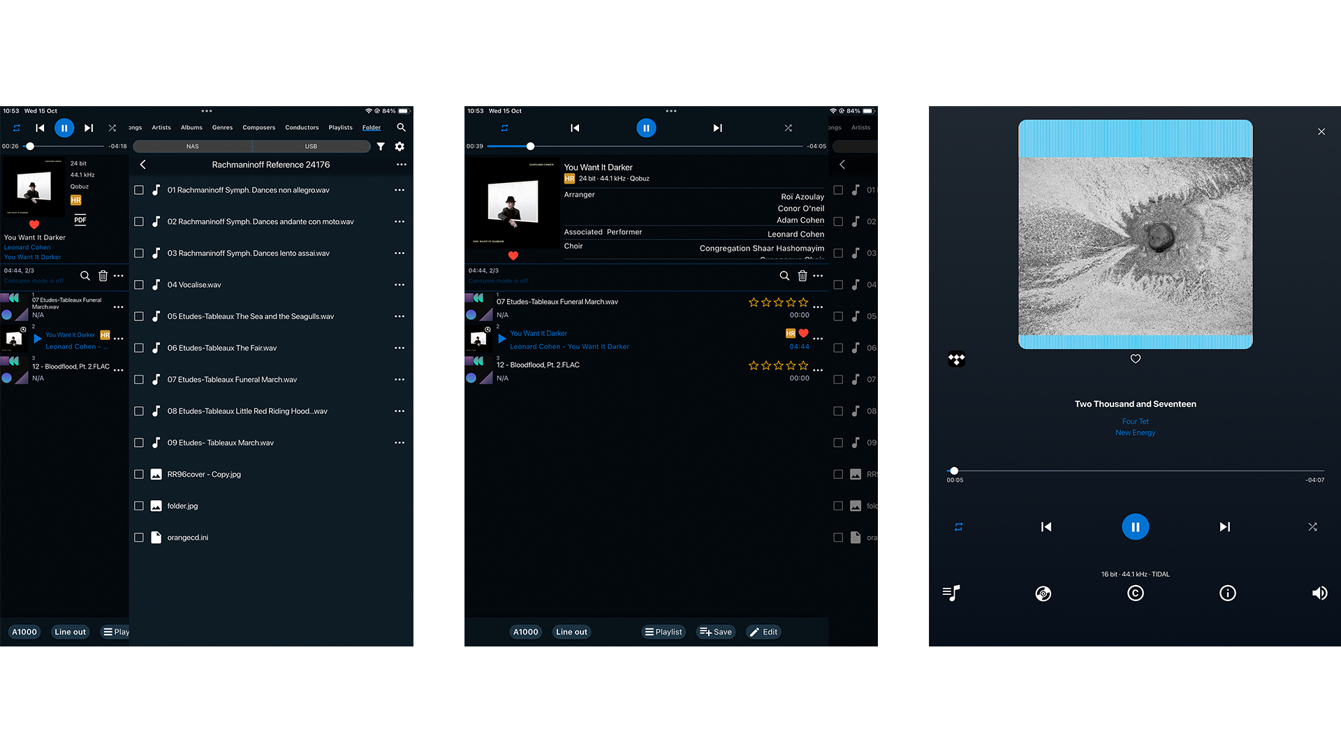 Aurender A1000 music streamer app on three tablet screens