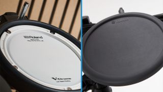Split image with a mesh drum pad on the left and rubber pad on the right