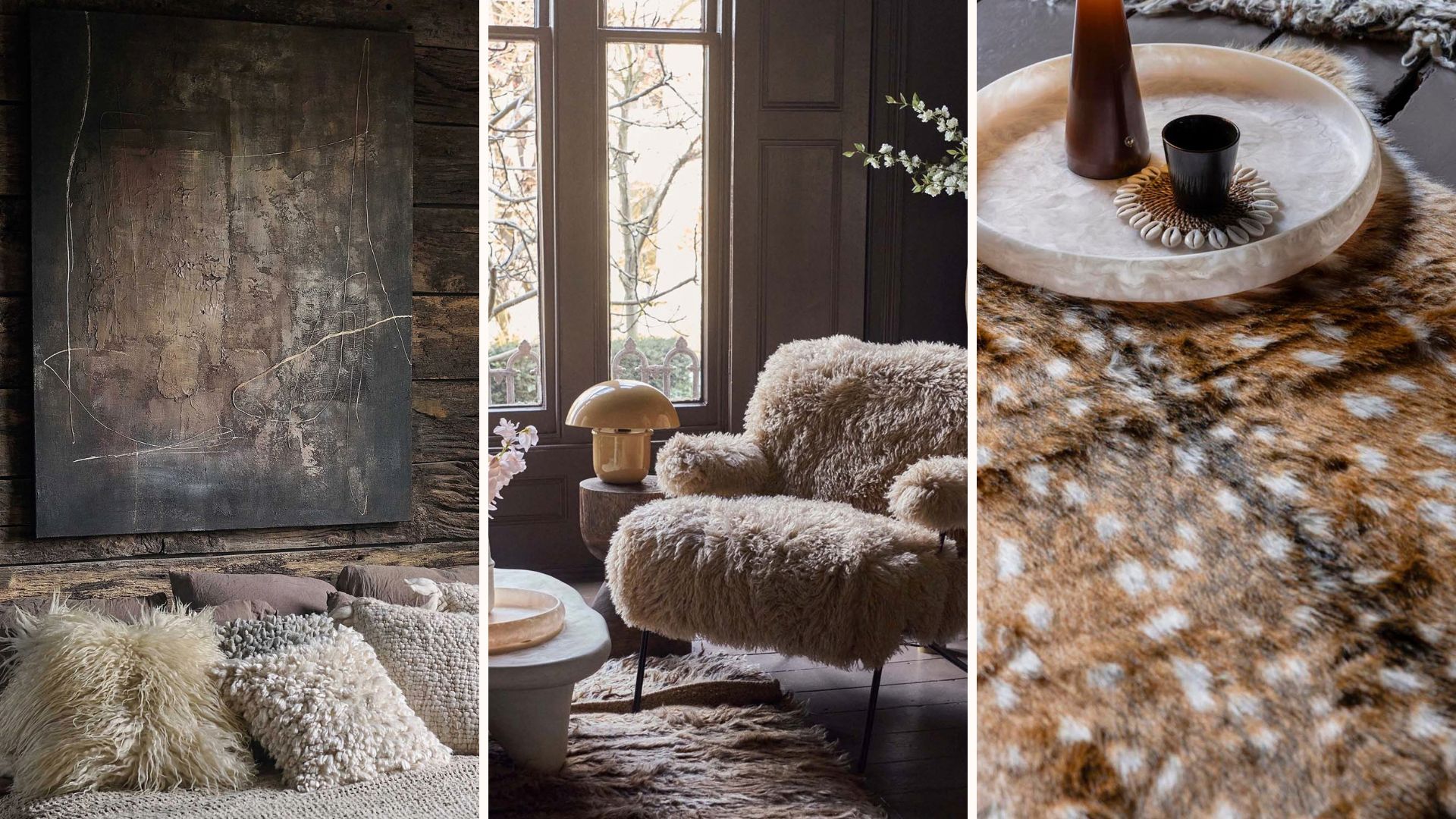 Collage of three room images with textured accessories including cushions, chair and rug