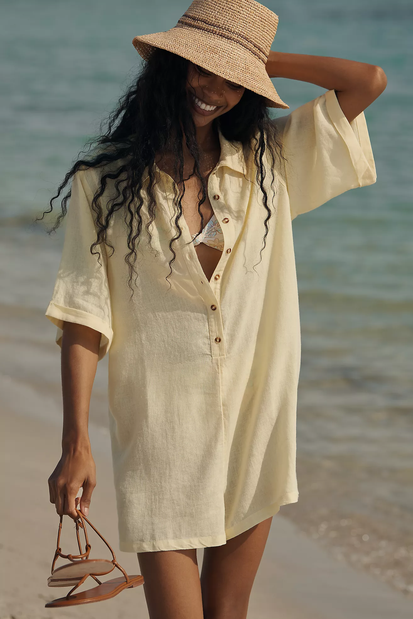 By Anthropologie Short-Sleeve Collared Linen Romper