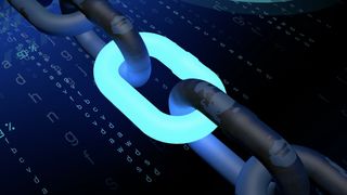 Digital chain with one link lit up in light blue on digital background