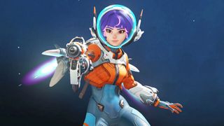 Overwatch 2&#039;s new hero Juno in her spacesuit and holding her mediblaster gun on a dark background