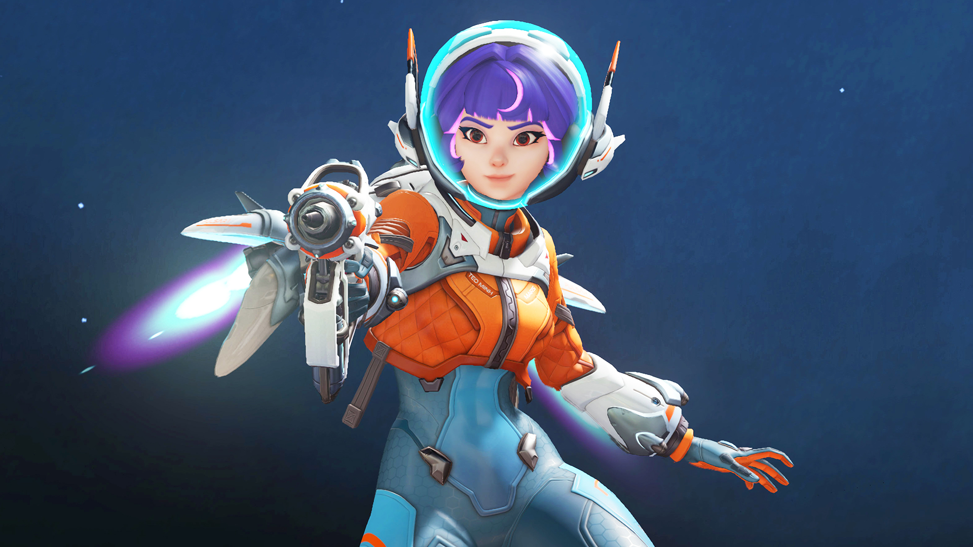 Overwatch 2's new hero Juno in her spacesuit and holding her mediblaster gun on a dark background