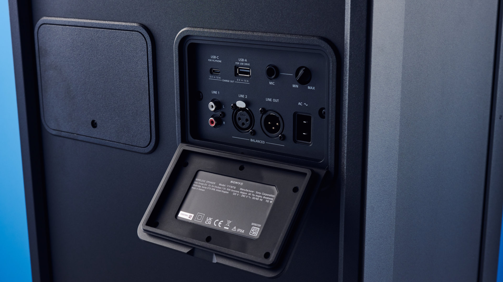 A black Sony ULT Tower 7 party speaker