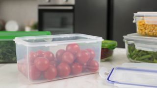 Fresh tomatoes in plastic food container