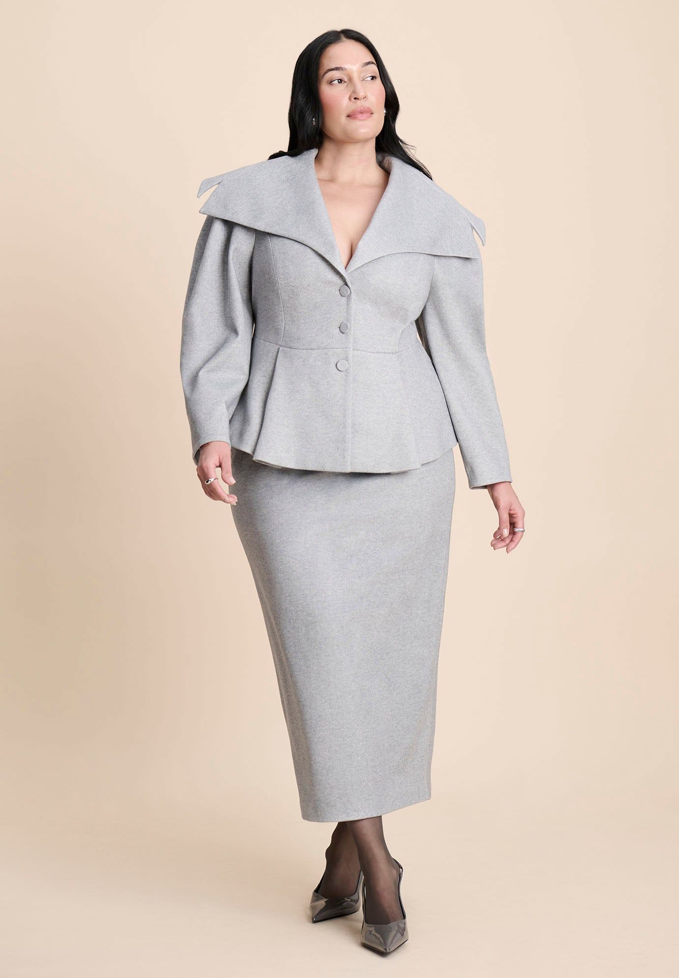 Wide Collar Peplum Heathered Jacket