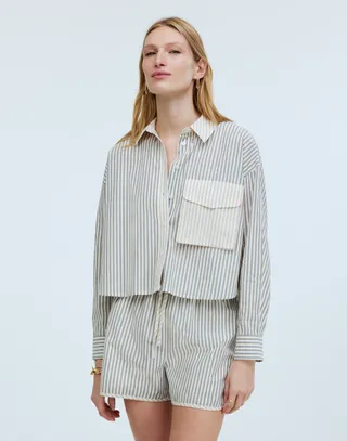 Flap-Pocket Crop Button-Up Shirt in Poplin