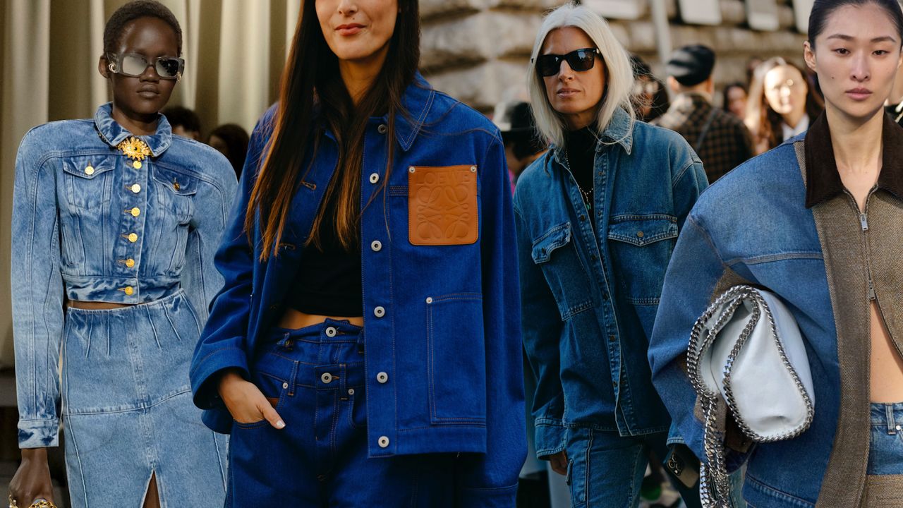 A collage of women wearing denim jackets from Schiaparelli Fall 2024 runway, fashion week street style, and Stella McCartney Fall 2024 runway