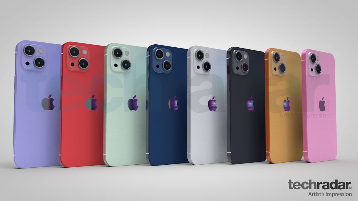 An artist&#039;s impression of the iPhone 13 in eight different colors including red, blue and orange