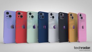 La visión de un artista del iPhone 13 en ocho colores diferentes, entre ellos: rojo, azul y naranja