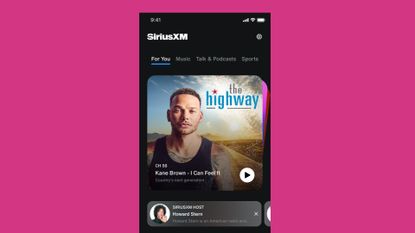 SiriusXM app screen on magenta background