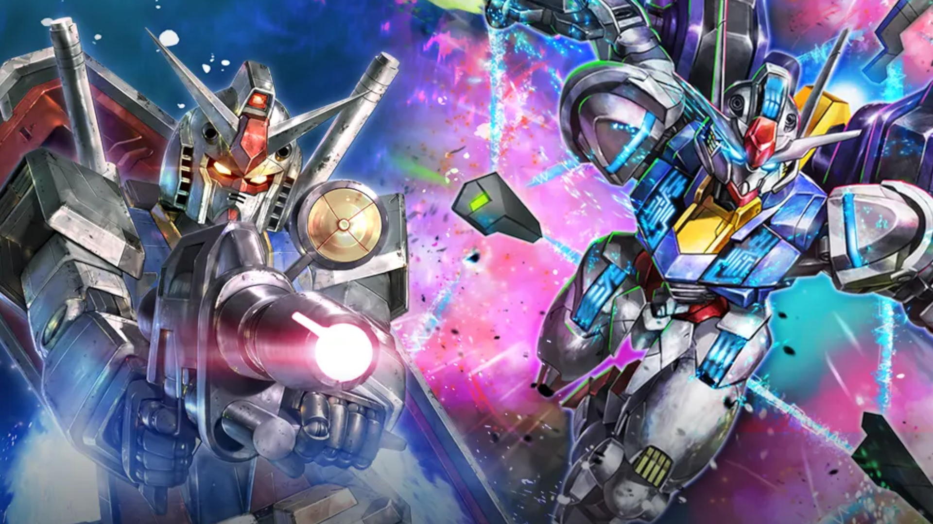 Two Gundam mechs against a cosmic, multi-color background, with one aiming a blaster and the other charging forward