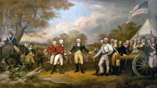 Surrender of General Burgoyne at Saratoga, New York on Oct. 17, 1777.