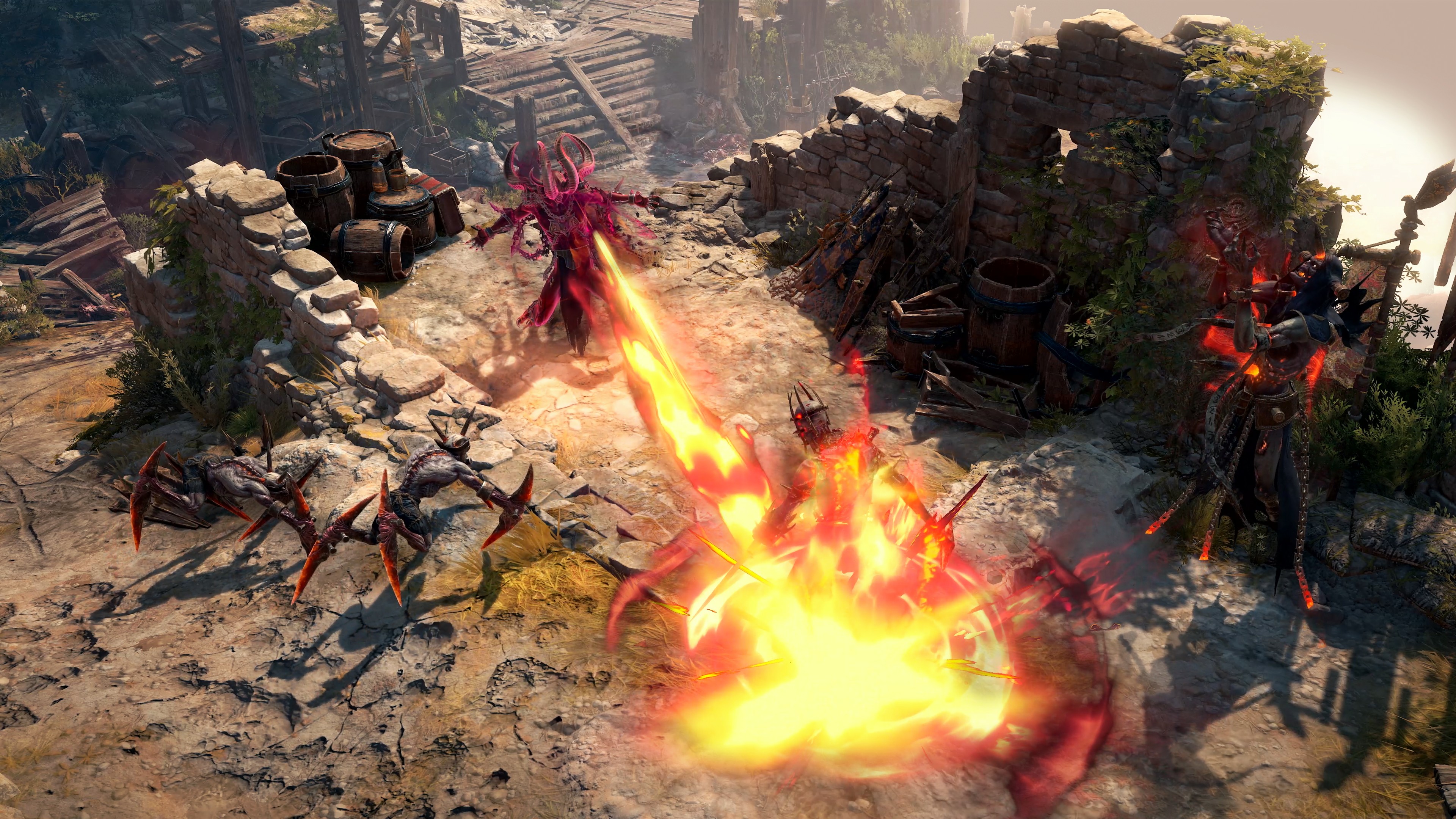 A fantasy battle scene with a figure casting fire at a demonic creature amid ruins. Intense flames and dramatic poses evoke action and tension.