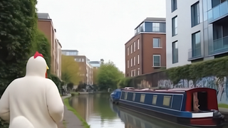 An AI-generated man in a chicken suit runs down a canal in Google DeepMind's Genie 3 software.