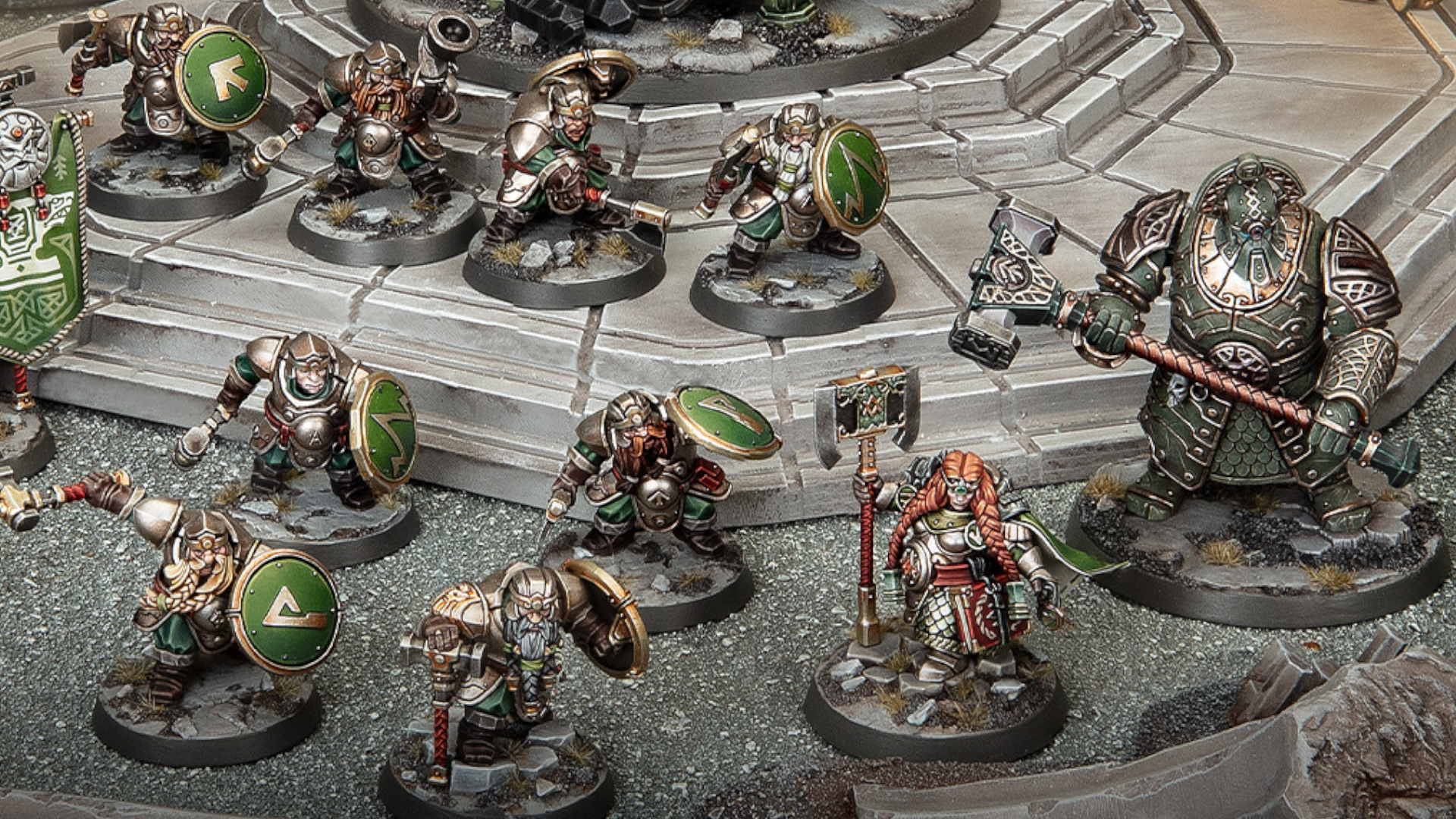 Warhammer Khazalite Holds army models on a rocky environment