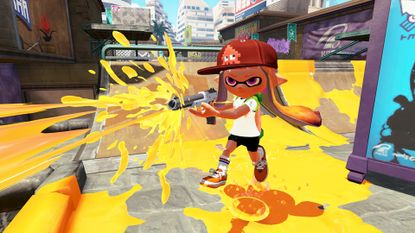 An inkling with orange hair in Splatoon on Wii U using a splat gun to cover the stage with orange paint