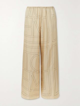 Embroidered Silk-Twill Wide-Leg Pants