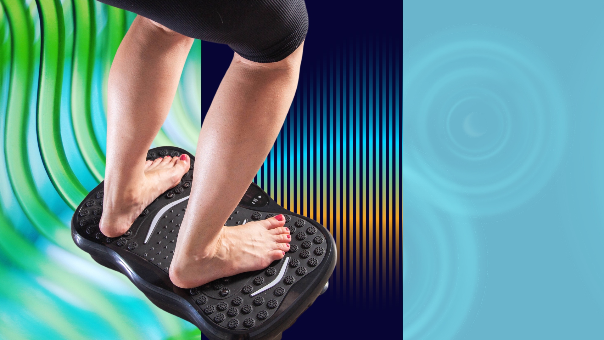 vibration waves in blue and green with a girl standing on a vibration plate