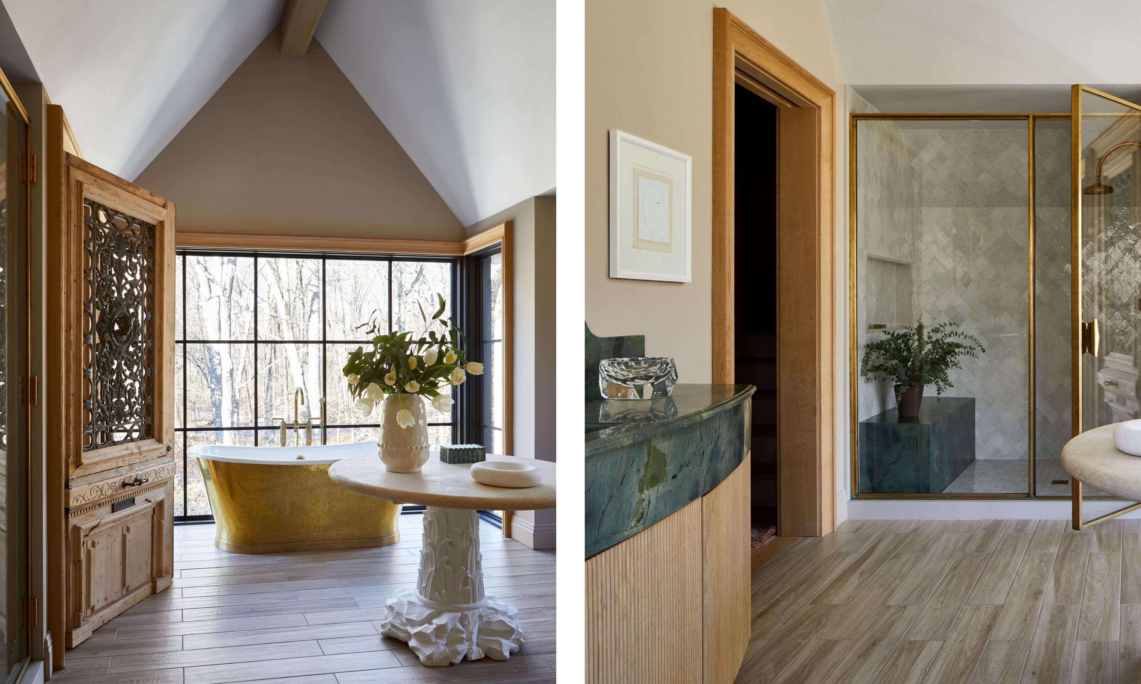 Two images of a large bathroom with a vaulted ceiling. Gray flooring, a shower with neutral zellige tiles and a gold frame, a freestanding gold bath in front of a window, and a wooden vanity with emerald green countertops.