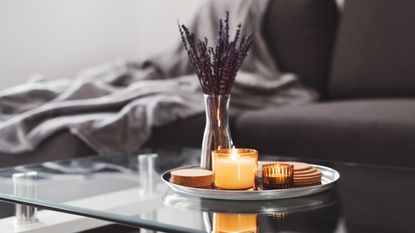 A candle and a reed diffuser on a tray on a living room coffee table close up, a sofa blurry in the background
