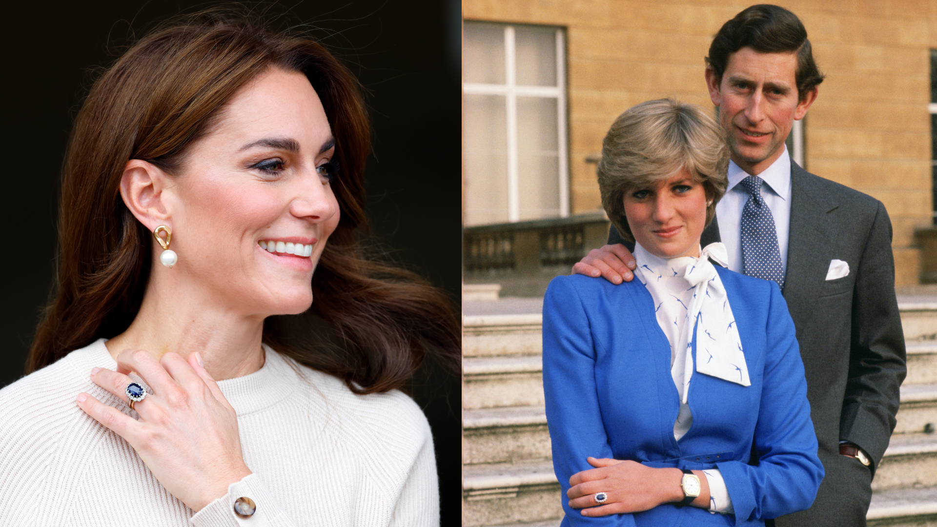 Kate Middleton holding her engagement ring up against her beige sweater; Princess Diana and Prince Charles in their engagement photo 