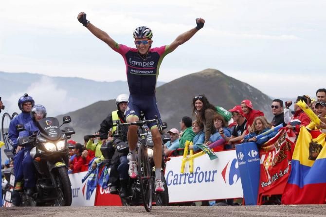 Przemyslaw Niemiec (Lampre-Merida) celebrates his victory