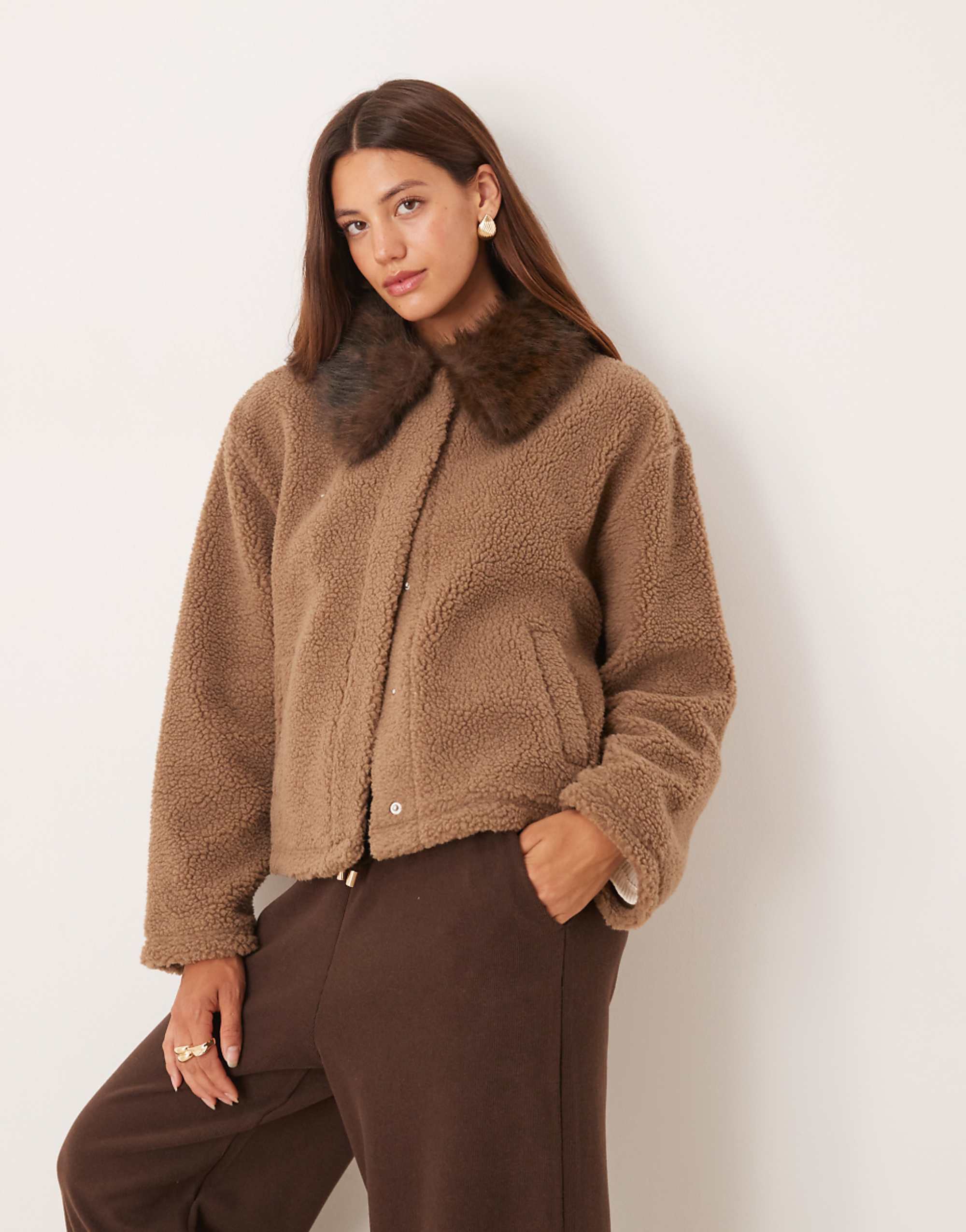 Asos Design Borg Jacket With Leopard Faux Fur Collar