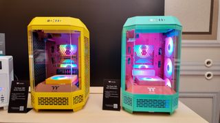 Thermaltake&#039;s brightly coloured PC cases at its CES 2025 booth. 