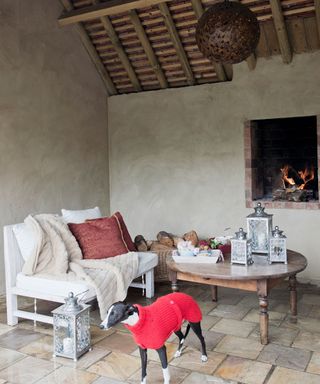 A garden room with built-in wall fire, armchair, coffee table and dog in a red jumper.