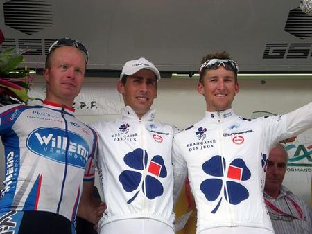 The La Poly Normande podium (l-r): Stefan Van Dijck (2nd, Verandas Willems), Matthieu Ladagnous (1st, Fran&ccedil;aise Des Jeux) and Wesley Sulzberger (3rd, Fran&ccedil;aise Des Jeux)