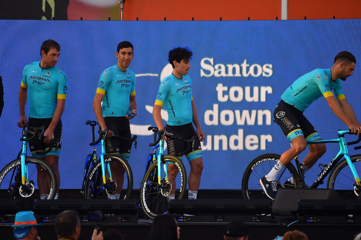 The Astana team leave the stage