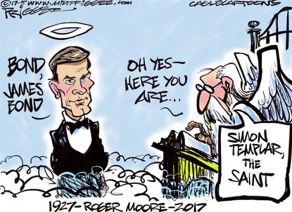Editorial cartoon U.S. James Bond Roger Moore heaven