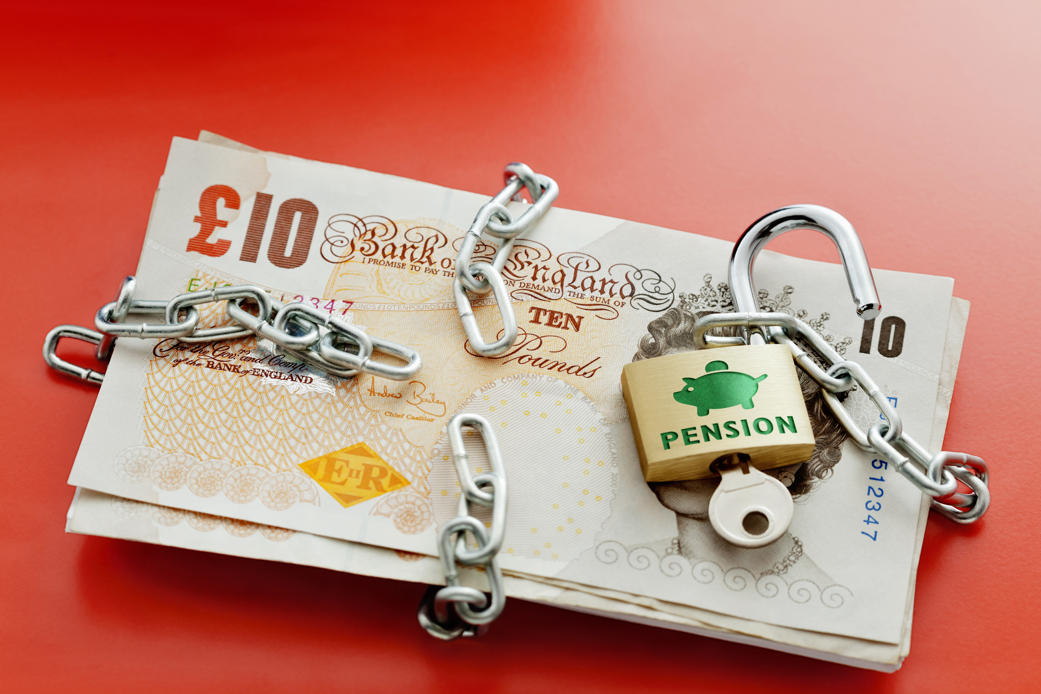 State pension triple lock concept - chained up banknotes 