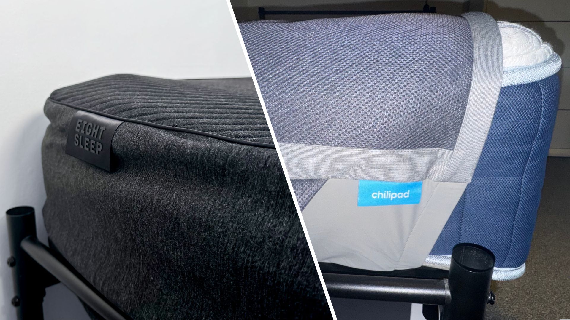 Black Eight Sleep Pod 4 smart mattress cover on mattress (left). Chilipad mattress cover on mattress (right).