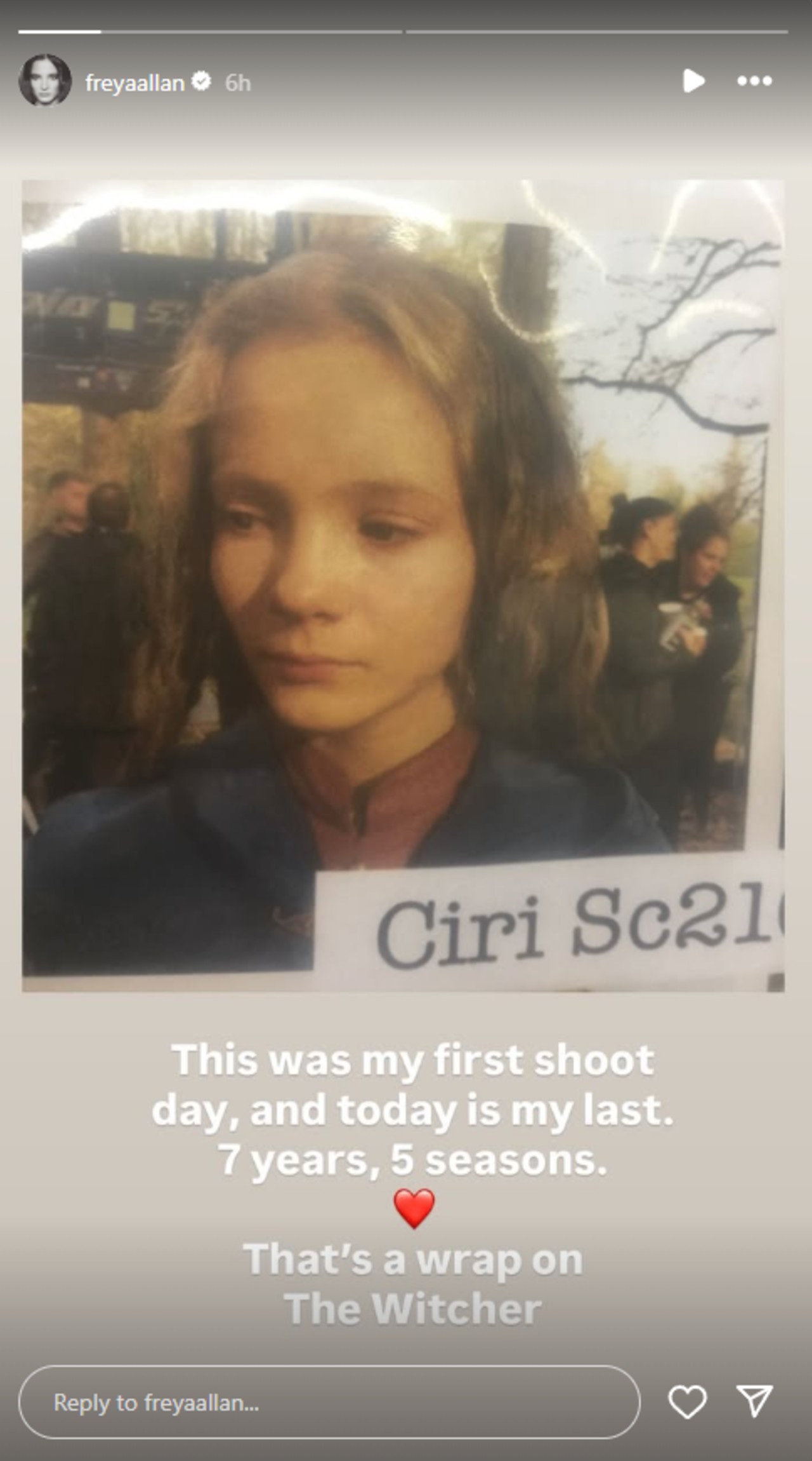 Frey Allan posted a picture from her first day on set with the caption: &amp;quot;This was my first shoot day, and otday is my last. 7 years, 5 seasons. [red heart] That&#039;s a wrap on The Wticher.&amp;quot;