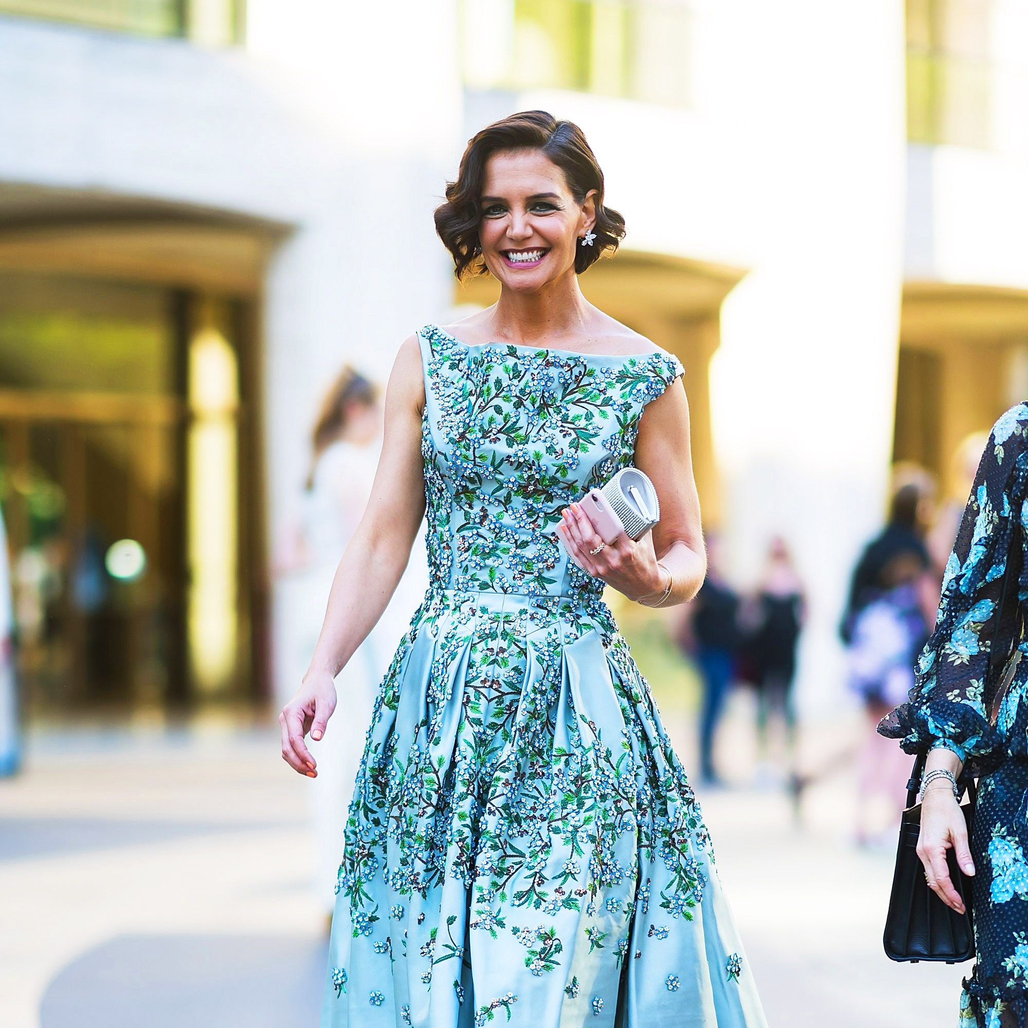 Katie Holmes' NYC Street Style: Floral Philipp Dress, Pleated