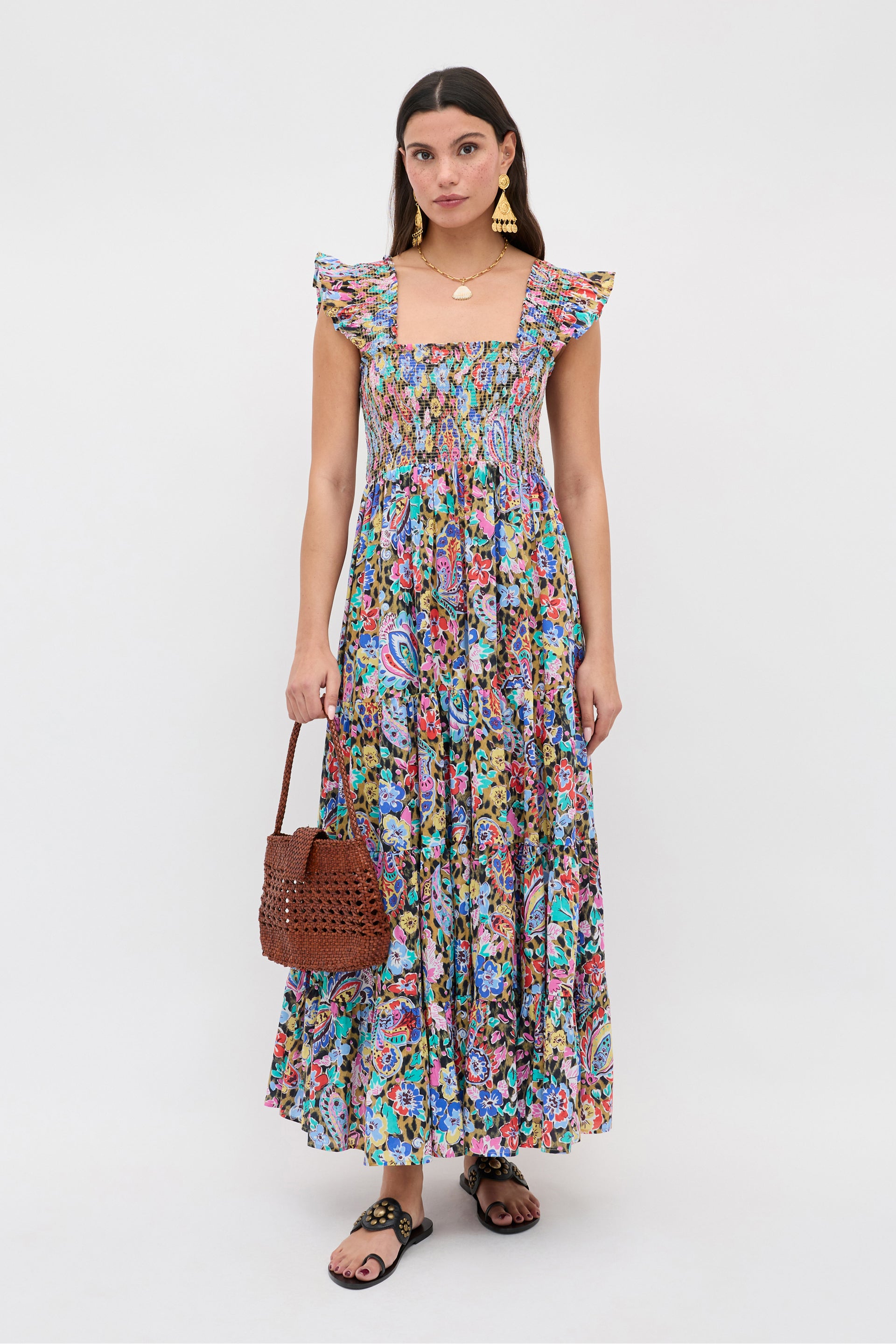 Kendall Cotton Midi Dress in Multi Cara Floral Leopard Brown