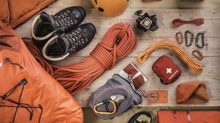Aerial view of rock climbing gear on the floor