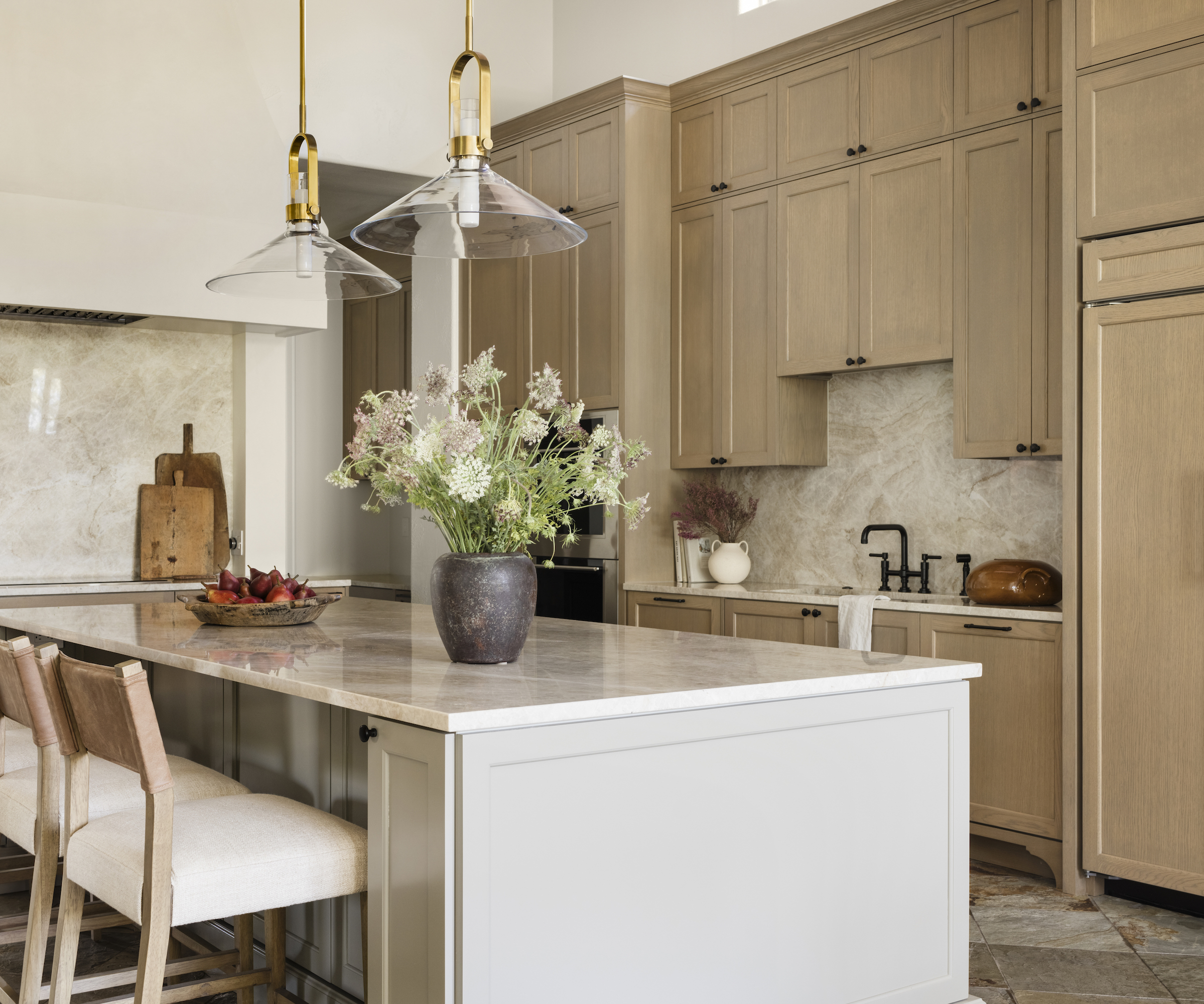 wood and pale gray kitchen cabinets