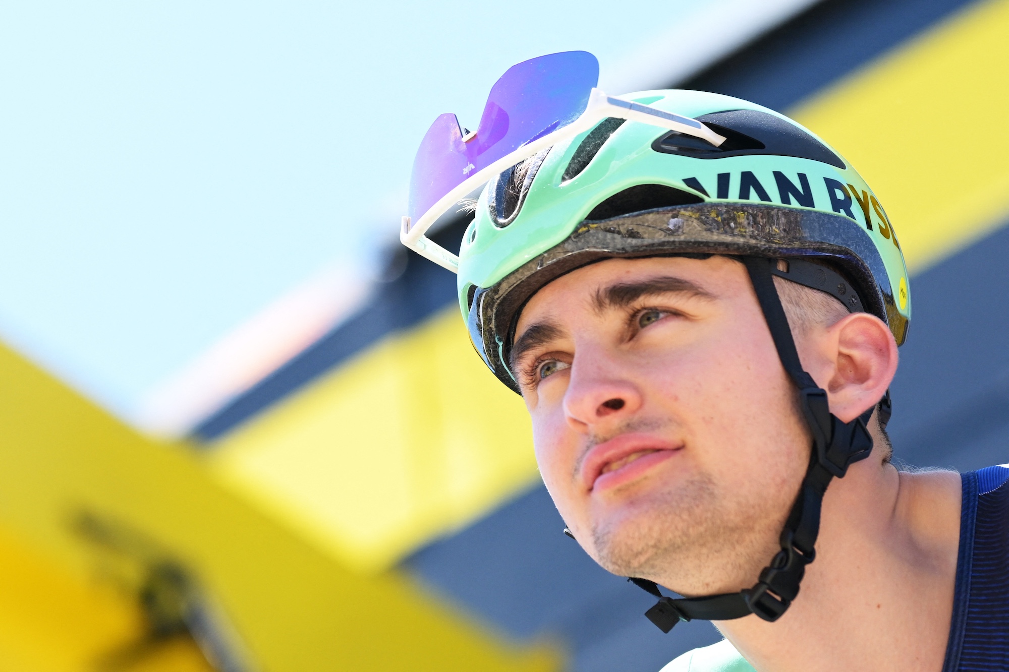Paul Seixas (Decathlon CMA CGM) at the start of the second stage of the 2026 Tour de France (Photo by DAVID PINTENS / BELGA MAG / Belga via AFP)