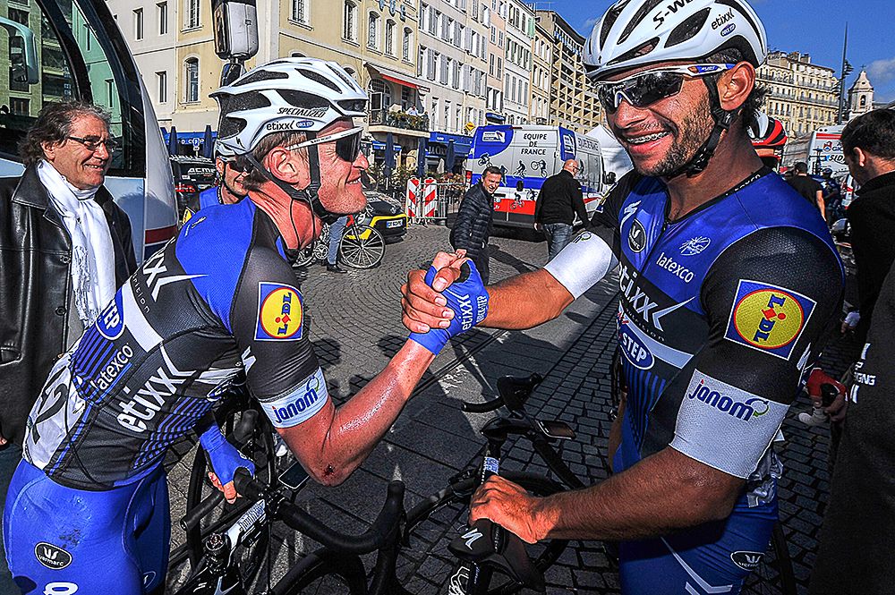 Fernando Gaviria gets congratulations after his stage win at la Provence