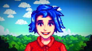 Stardew Valley character Emily, a woman with short bright blue hair, smiles ahead of a blurred cloudy backdrop