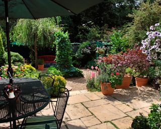 A garden with patio, umbrella and container plants in London, UK
