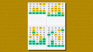 Quordle daily sequence answers for game 756 on a yellow background