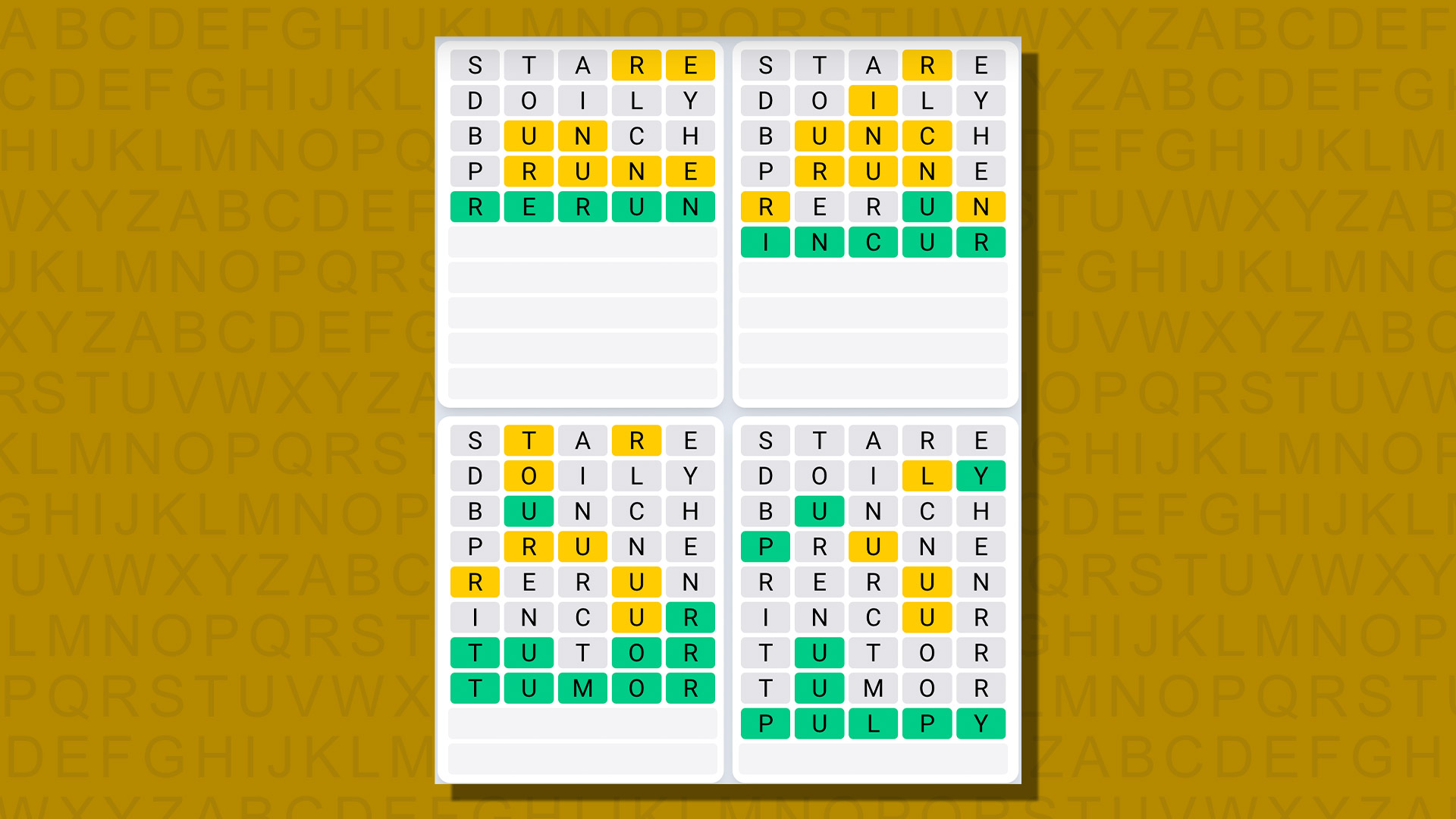 Respuestas de secuencia diaria de Quordle para el juego 756 sobre un fondo amarillo