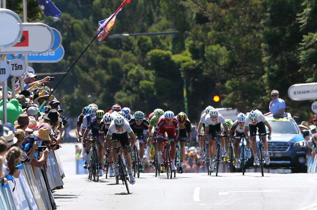 The bunch closing in quickly on Cam Meyer